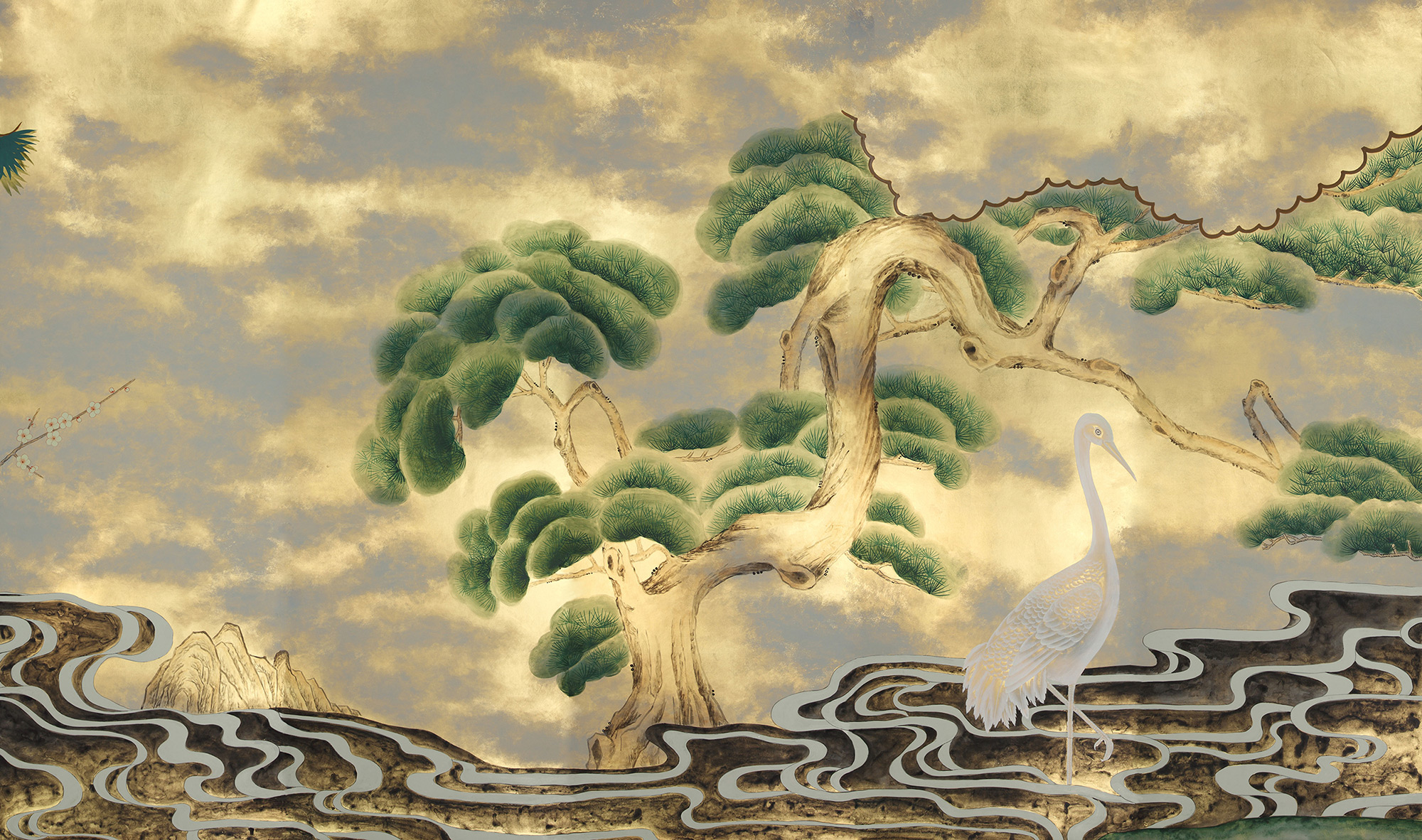 Обои ручная роспись Bamboo River Blossom Original colourway on Deep Rich Gold gilded paper with pearlescent antiquing Обои ручная роспись Bamboo River Blossom Original colourway on Deep Rich Gold gilded paper with pearlescent antiquing - постер Loft-Concept в Перми