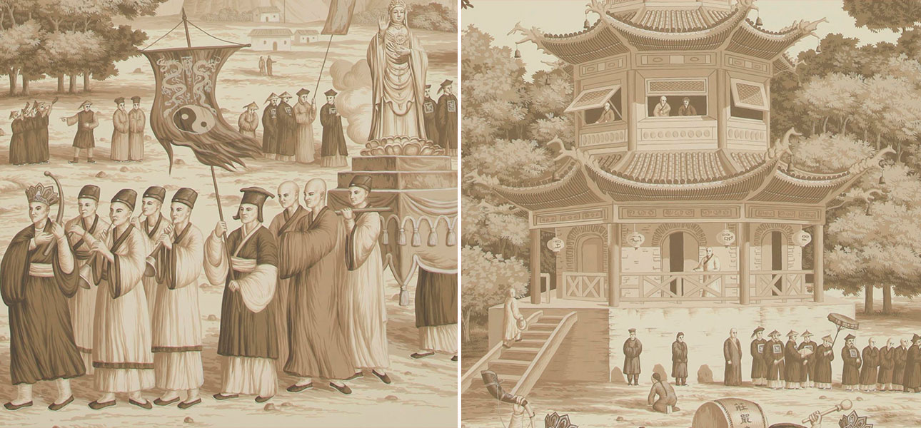 Обои ручная роспись Procession Chinoise Sepia on scenic paper - фото
