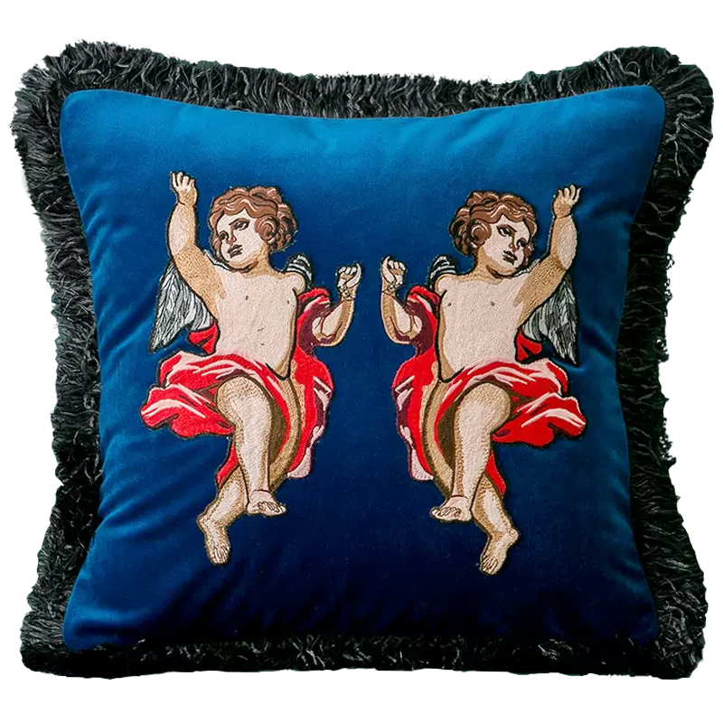 Декоративная подушка с вышивкой Стиль Gucci Angels Cushion Blue Синий Мульти в Перми | Loft Concept 