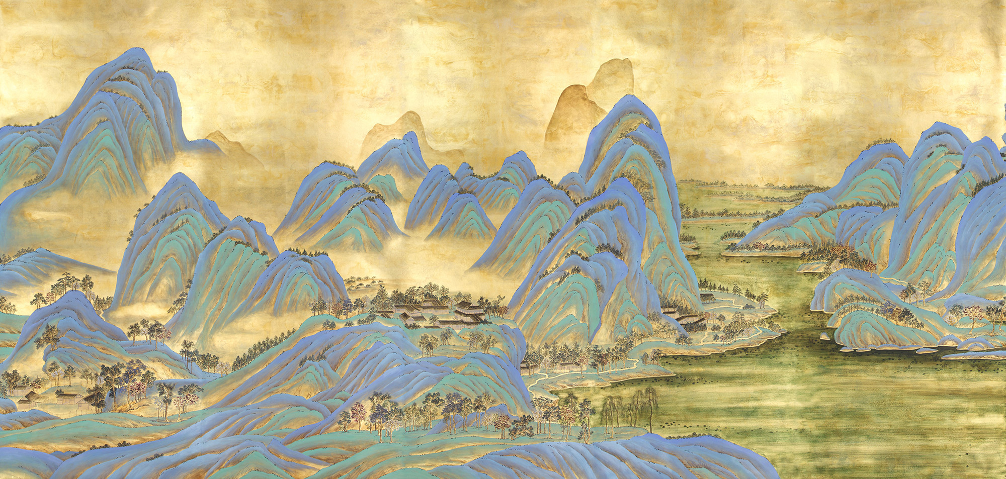 Обои ручная роспись A Thousand Li of Rivers and Mountains Original colourway on Deep Rich Gold gilded paper with gold pearlescent antiquing Обои ручная роспись A Thousand Li of Rivers and Mountains Original colourway on Deep Rich Gold gilded paper with gold pearlescent antiquing - постер Loft-Concept в Перми