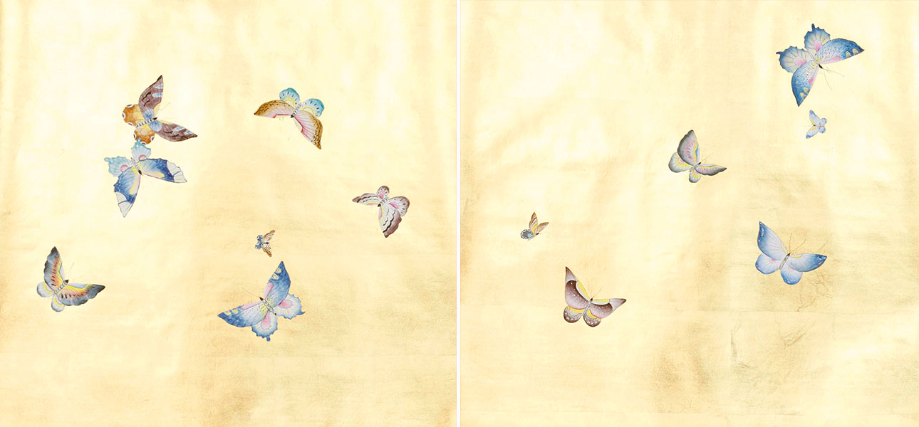 Обои ручная роспись Butterflies Special Colourway on Deep Rich Gold gilded paper - фото