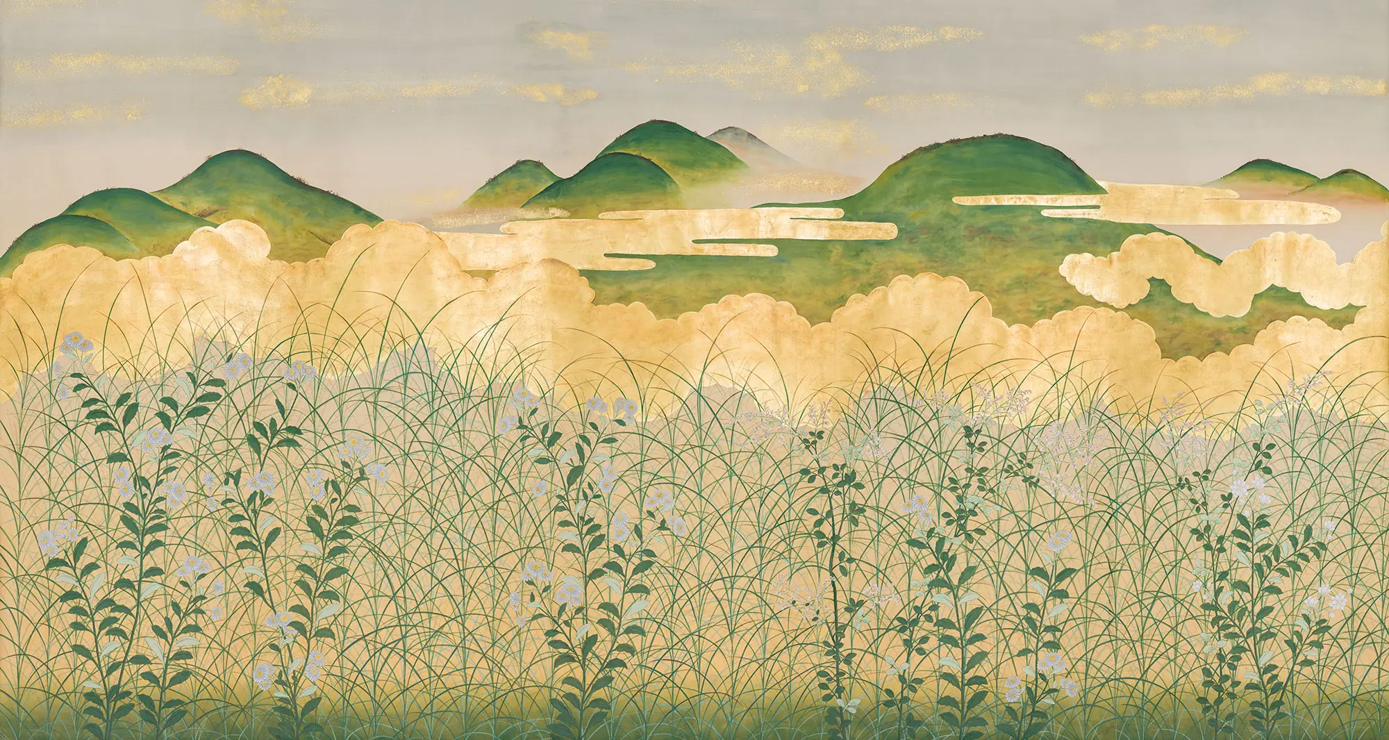 Обои ручная роспись The Plain of Musashi Original colourway on painted Xuan paper with gold ombre Обои ручная роспись The Plain of Musashi Original colourway on painted Xuan paper with gold ombre - постер Loft-Concept в Перми