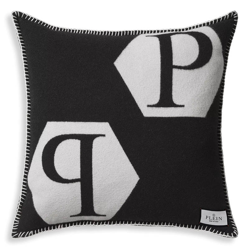 Подушка Philipp Plein Cushion Cashmere PP Logo 65 x 65 Black Черно-белый в Перми | Loft Concept 