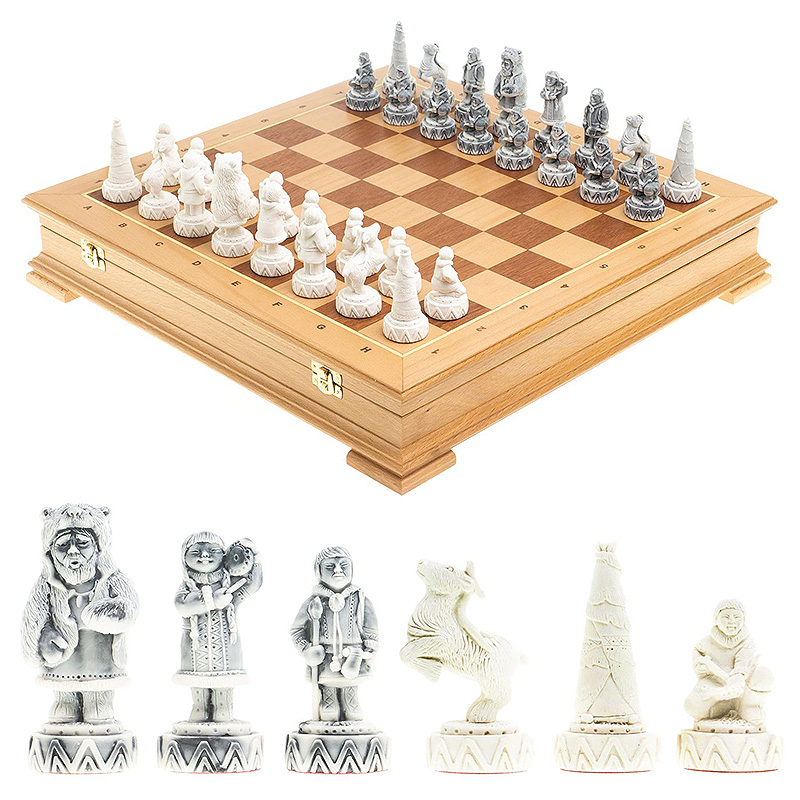 Шахматы Северные народы в ларце из натурального бука Decorative Thematic Chess  Белый Серый Оранжевый Коричневый в Перми | Loft Concept 