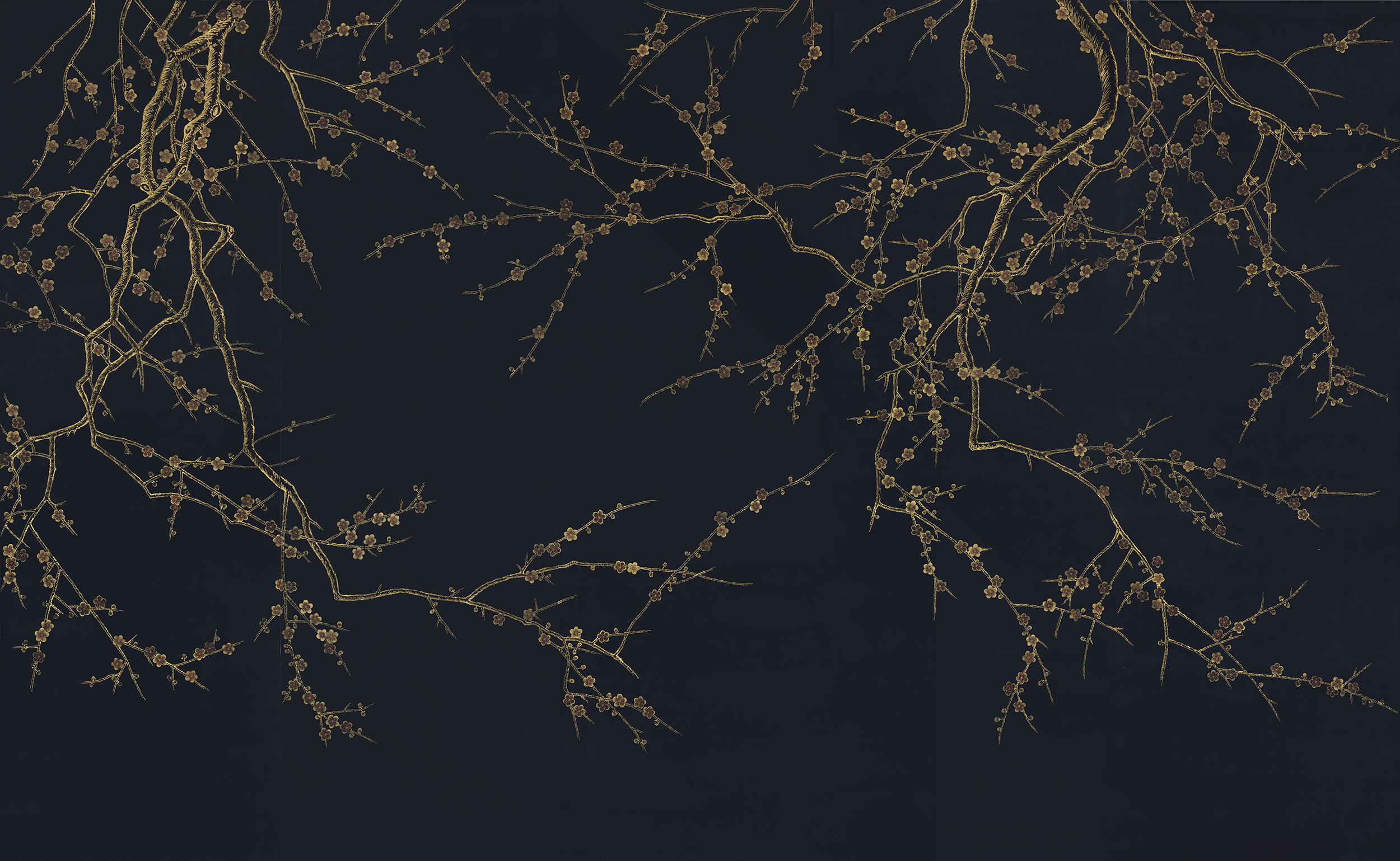 Обои ручная роспись Plum Blossom Colourway SC-226 on black painted silk Обои ручная роспись Plum Blossom Colourway SC-226 on black painted silk - постер Loft-Concept в Перми