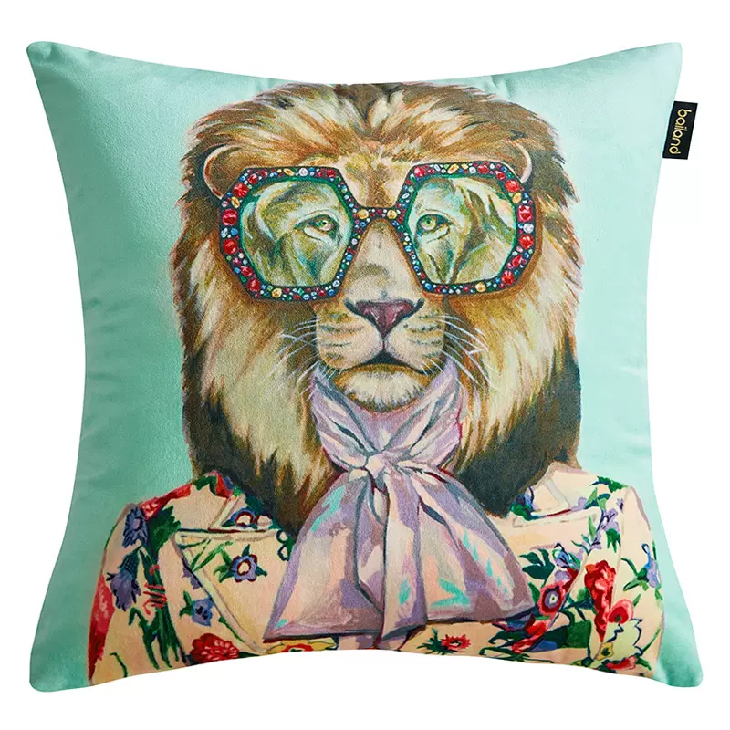 Декоративная подушка Стиль Gucci Leo Fashion Animals Cushion Mint Мятный Мульти в Перми | Loft Concept 