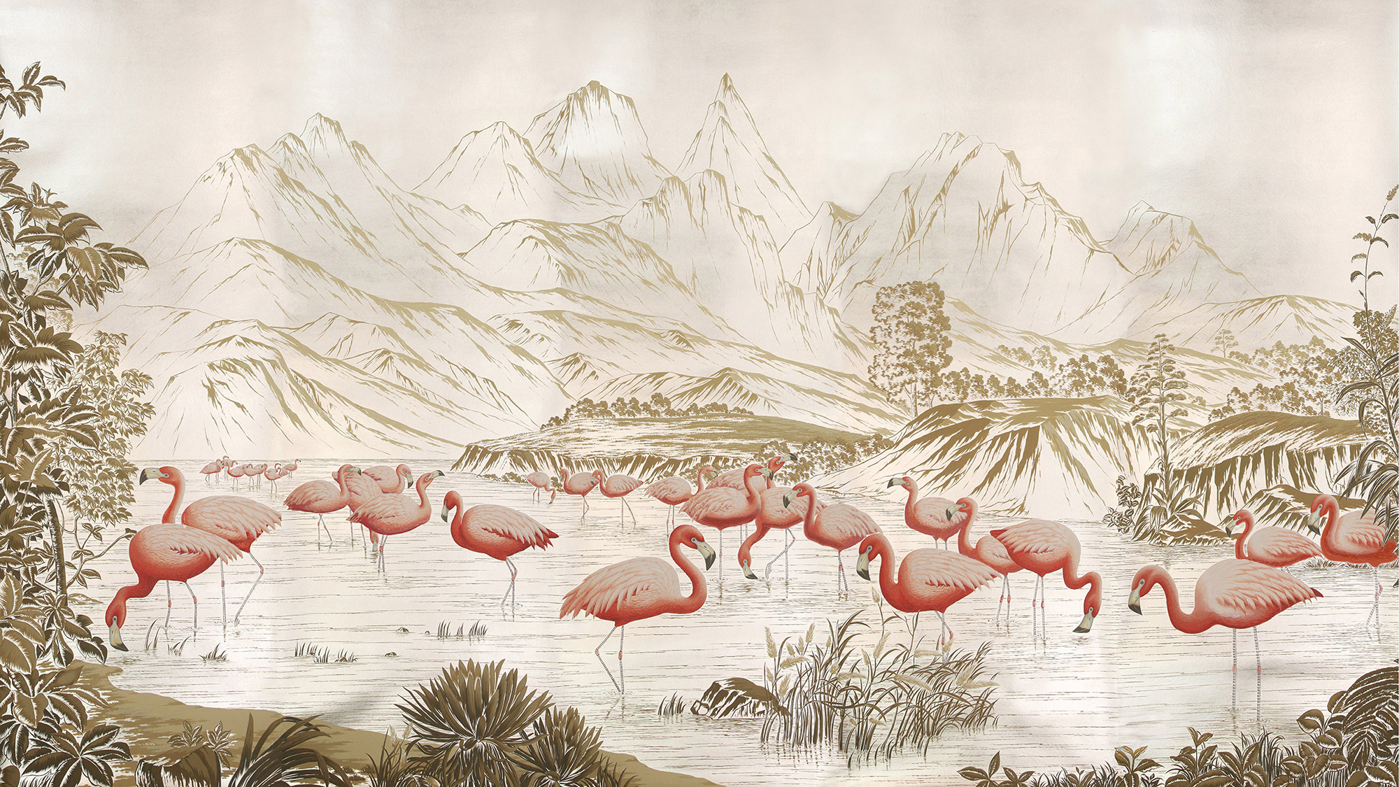 Обои ручная роспись Flamingos Flamingo on Tarnished Silver gilded Xuan paper Обои ручная роспись Flamingos Flamingo on Tarnished Silver gilded Xuan paper - постер Loft-Concept в Перми