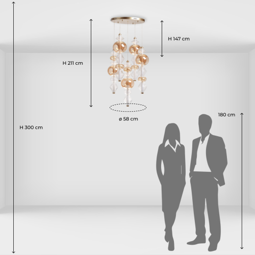 Люстра с плафонами из прозрачного и янтарного стекла в виде шаров и ромбов Gabriel Scott Luna в Перми