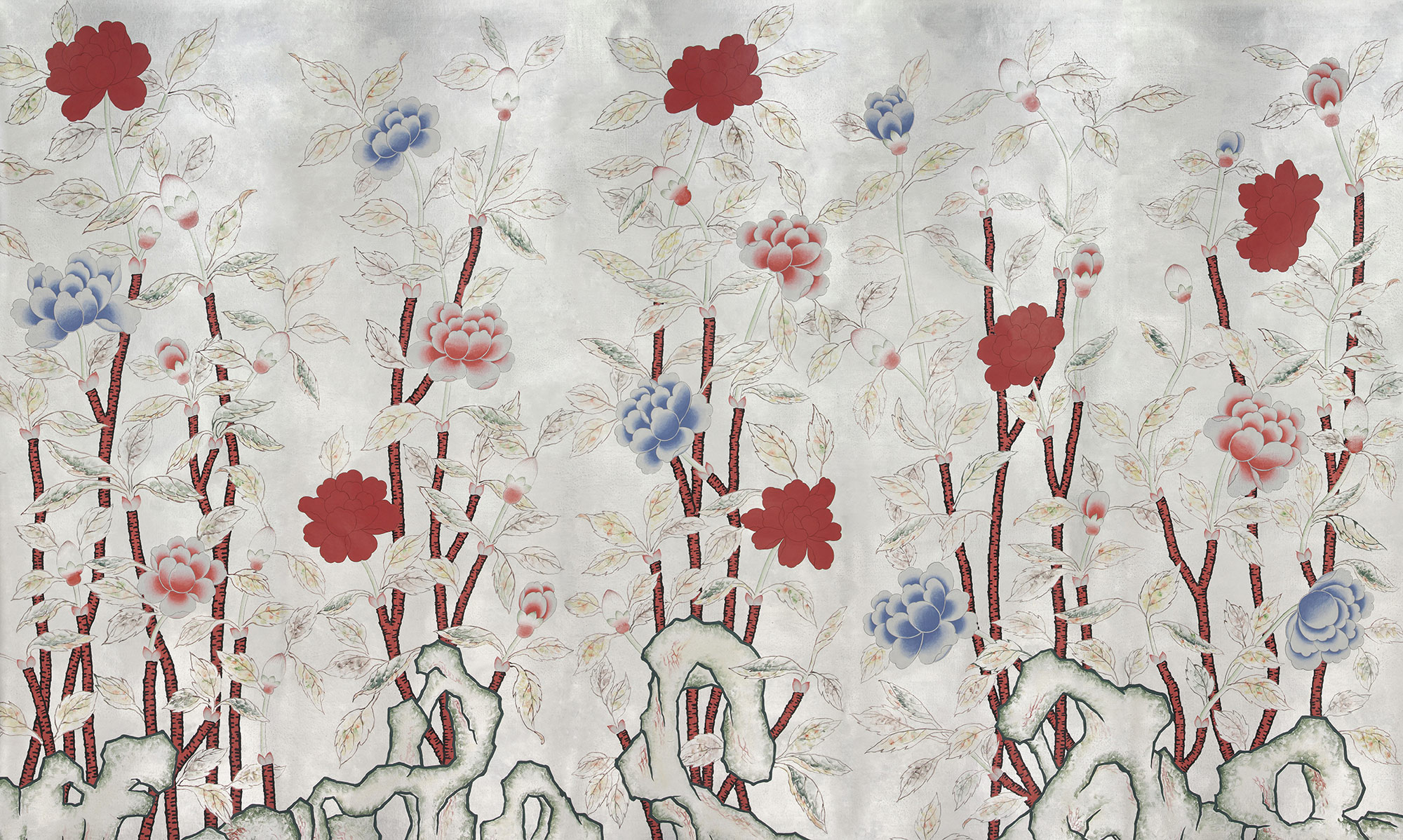 Обои ручная роспись Korean Peony Original colourway on Ocean Silver gilded silk with pearlescent antiquing Обои ручная роспись Korean Peony Original colourway on Ocean Silver gilded silk with pearlescent antiquing - постер Loft-Concept в Перми