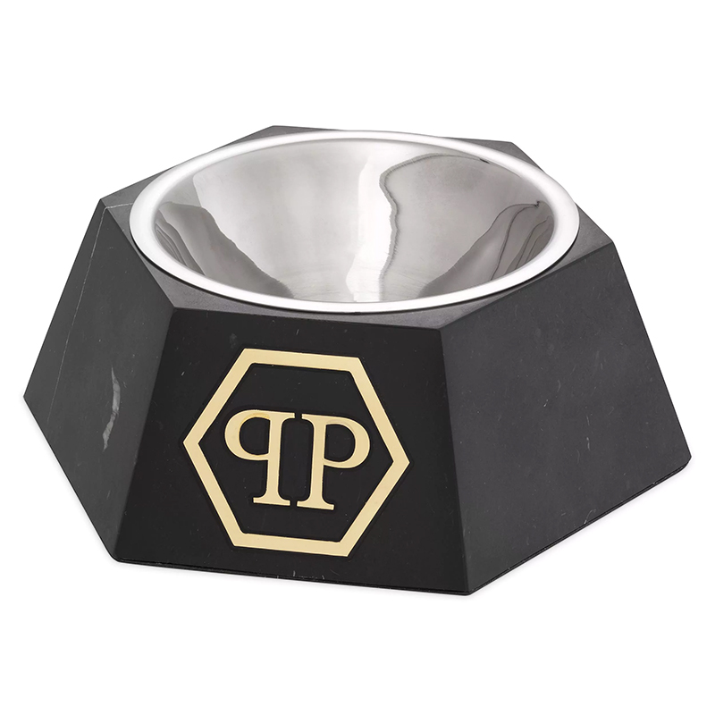 Миска для корма Philipp Plein Dog Food bowl Nice L Black Черный Мрамор Nero Сталь Золотой в Перми | Loft Concept 