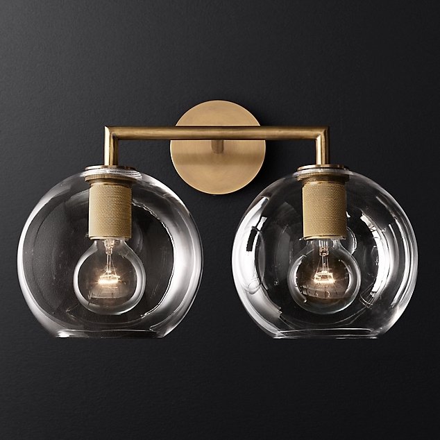 Бра RH Utilitaire Globe Shade Double Sconce Brass Прозрачное Стекло Латунь в Перми | Loft Concept 