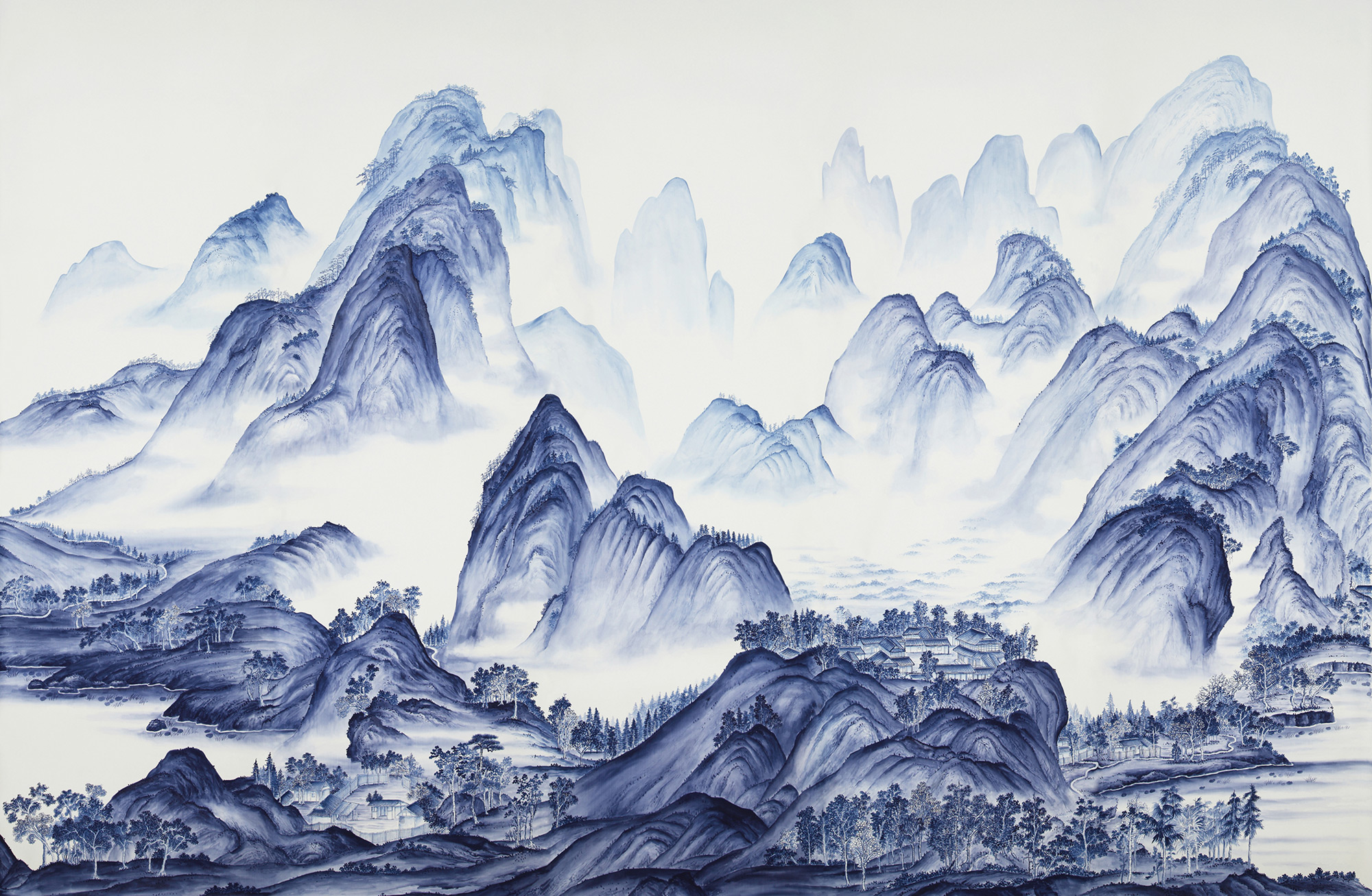 Обои ручная роспись A Thousand Li of Rivers and Mountains Delft on Bleached White dyed silk Обои ручная роспись A Thousand Li of Rivers and Mountains Delft on Bleached White dyed silk - постер Loft-Concept в Перми