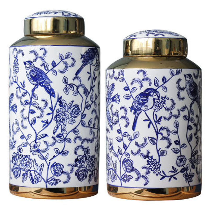 Вазы Ceramic Oriental Blue Ornament Birds Vases Синий Белый Золотой в Перми | Loft Concept 