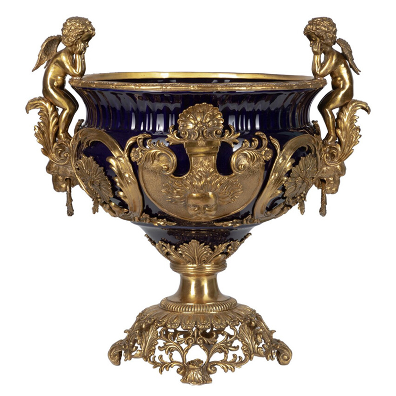 Чаша темно-синего цвета с фигурками ангелов и рельефным декором Eden Garden porcelain and bronze Темно-синий Бронза Чаша темно-синего цвета с фигурками ангелов и рельефным декором Eden Garden porcelain and bronze Темно-синий Бронза в Перми | Loft Concept