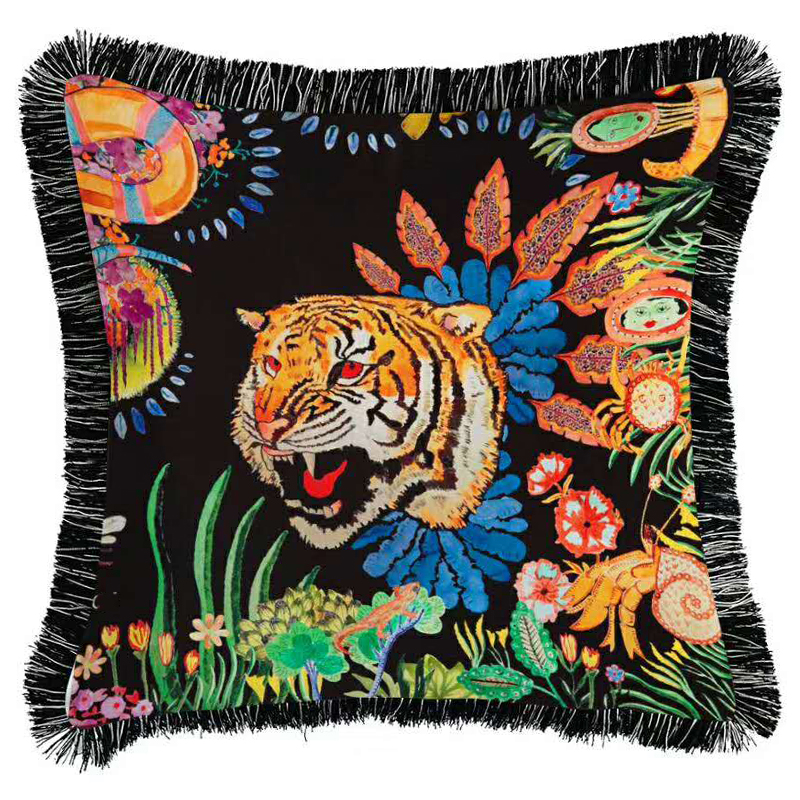 Декоративная подушка Cтиль Gucci Flower Tiger Черный Мульти в Перми | Loft Concept 