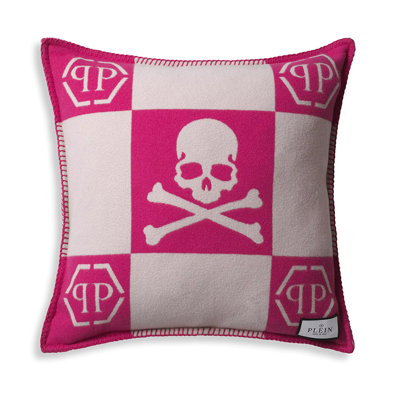 Подушка Philipp Plein Cushion Cashmere Skull 45 x 45 Pink Розовый Белый в Перми | Loft Concept 