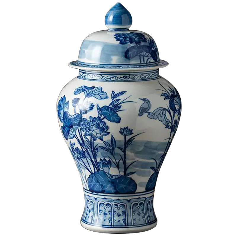 Ваза с крышкой Ceramic Blue Flowers and Bird Vase Белый Синий в Перми | Loft Concept 