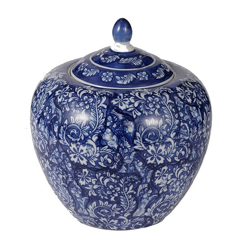 Ваза округлой формы с синей росписью и цветочным узором Blue & White Ornament Белый Синий Ваза округлой формы с синей росписью и цветочным узором Blue & White Ornament Белый Синий в Перми | Loft Concept