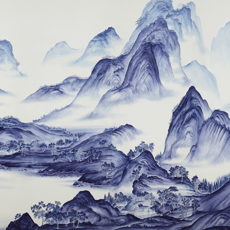 Обои ручная роспись A Thousand Li of Rivers and Mountains Delft on Bleached White dyed silk Обои ручная роспись A Thousand Li of Rivers and Mountains Delft on Bleached White dyed silk в Перми | Loft Concept