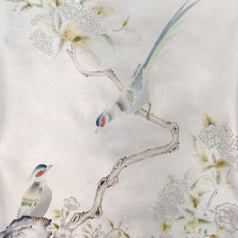 Обои ручная роспись Japanese Garden Special Colourway on Ocean Silver gilded silk  в Перми | Loft Concept 