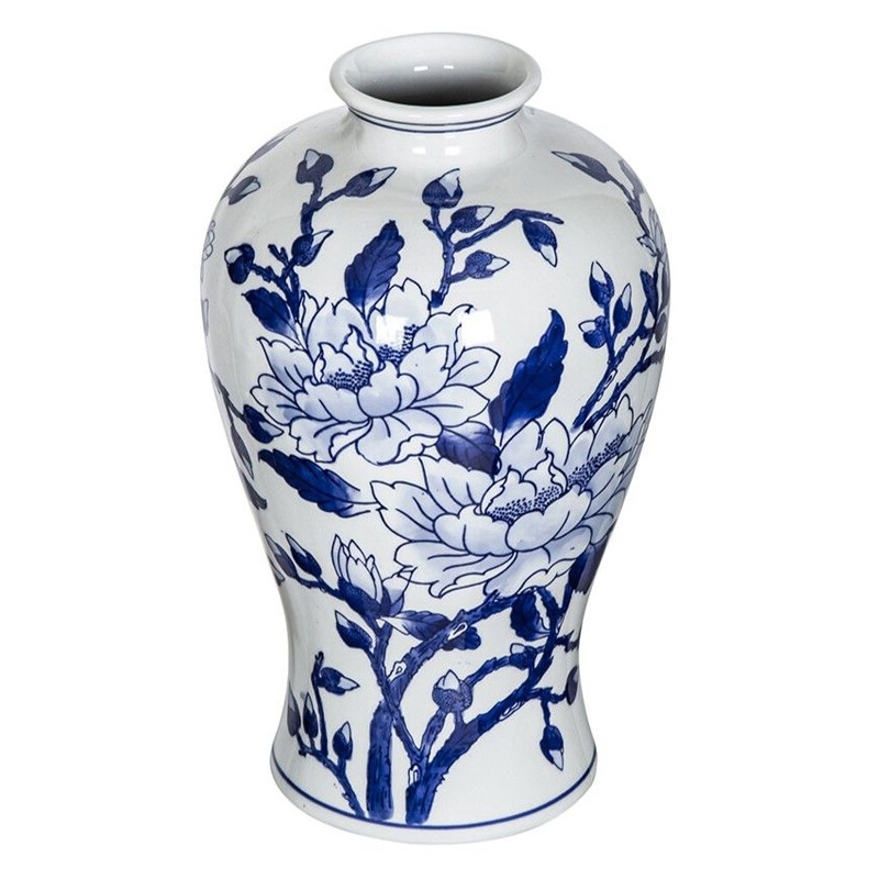 Ваза с бело-синей росписью и изображением цветов Blue & White Ornament Белый Синий Ваза с бело-синей росписью и изображением цветов Blue & White Ornament Белый Синий в Перми | Loft Concept