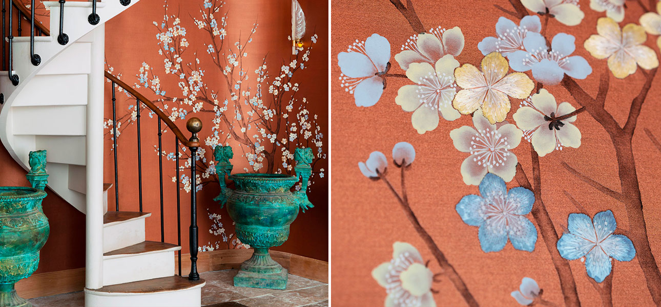 Обои ручная роспись Nara Original colourway on Bronze metallic silk - фото