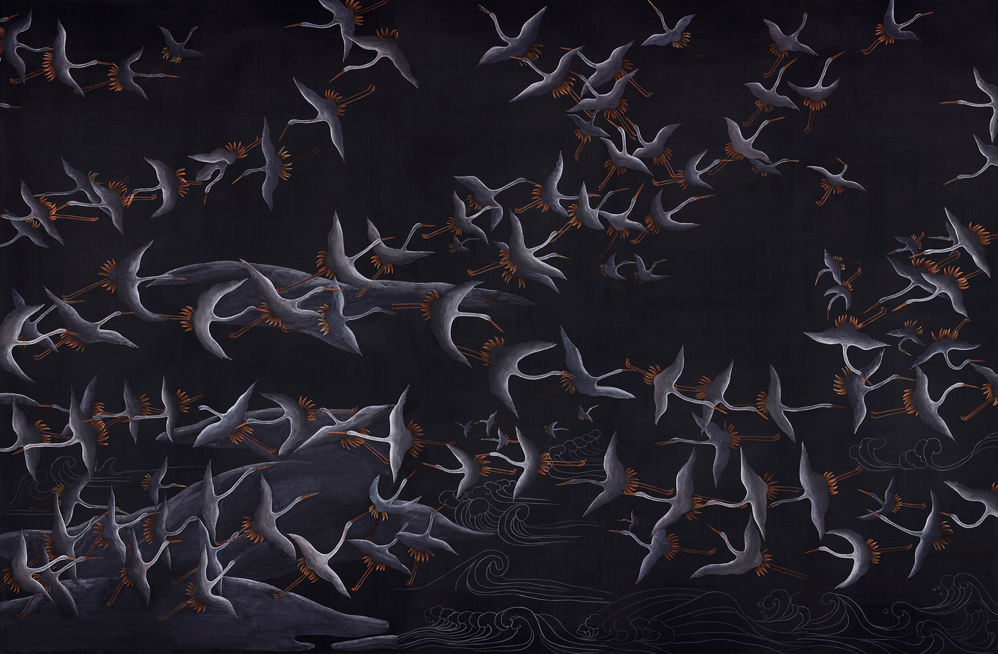 Обои ручная роспись Cranes Scroll Limewash on Pitch dyed silk Обои ручная роспись Cranes Scroll Limewash on Pitch dyed silk - постер Loft-Concept в Перми
