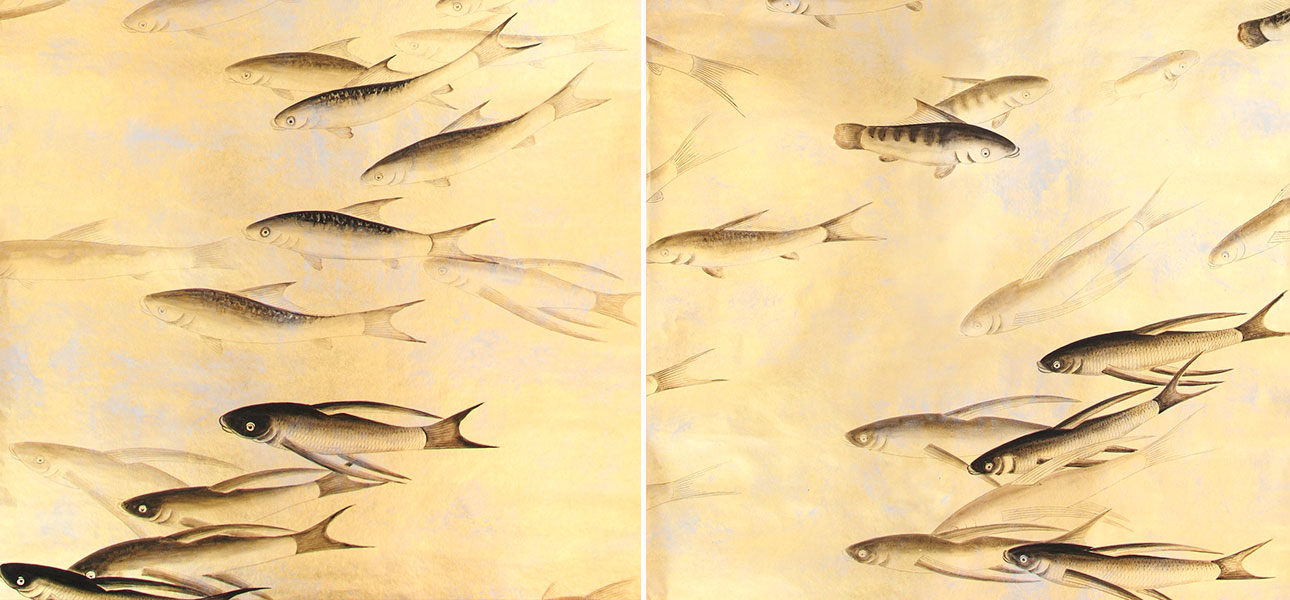 Обои ручная роспись Fishes Original colourway on Deep Rich Gold gilded paper with d?sargenter pearlescent antiquing - фото