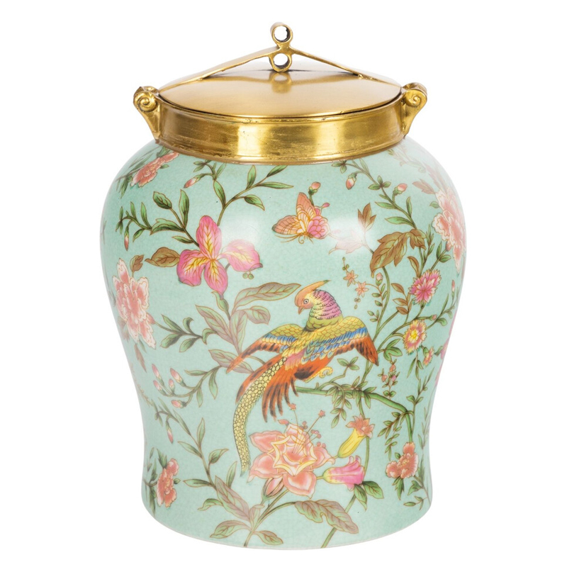 Ваза округлой формы из фарфора с рисунком и бронзовой крышкой Turquoise Blooming Garden Мульти Бронза Бирюзовый Ваза округлой формы из фарфора с рисунком и бронзовой крышкой Turquoise Blooming Garden Мульти Бронза Бирюзовый в Перми | Loft Concept