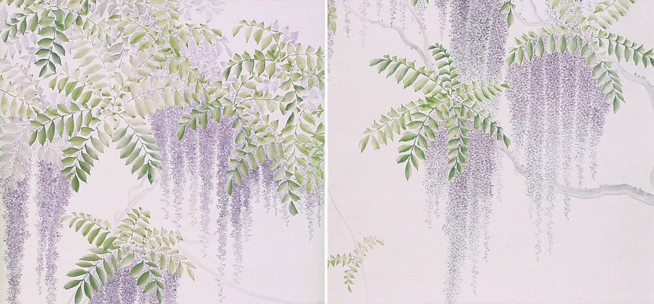 Обои в японском стиле Wisteria Lavender on Lilac Mica metallic Xuan paper - фото