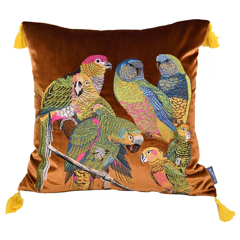 Декоративная подушка с вышивкой Embroidery Parrots Pillow Brown Коричневый Мульти в Перми | Loft Concept 