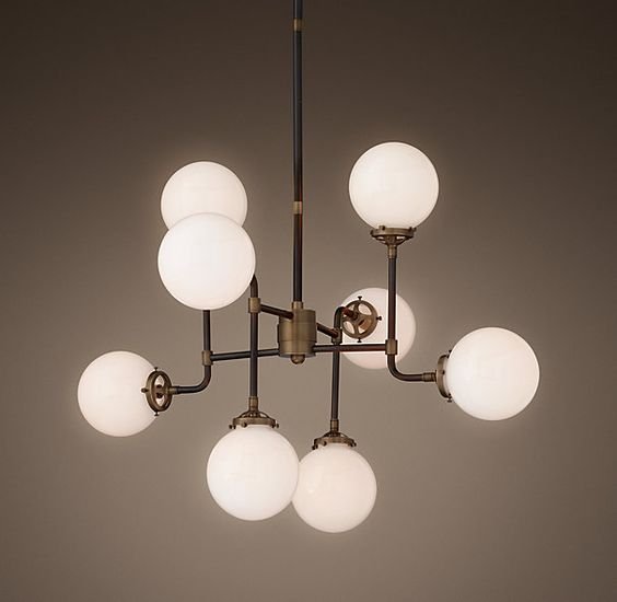 Люстра RH Bistro Globe Milk Glass 8-Light Chandelier Латунь Черный Белый в Перми | Loft Concept 