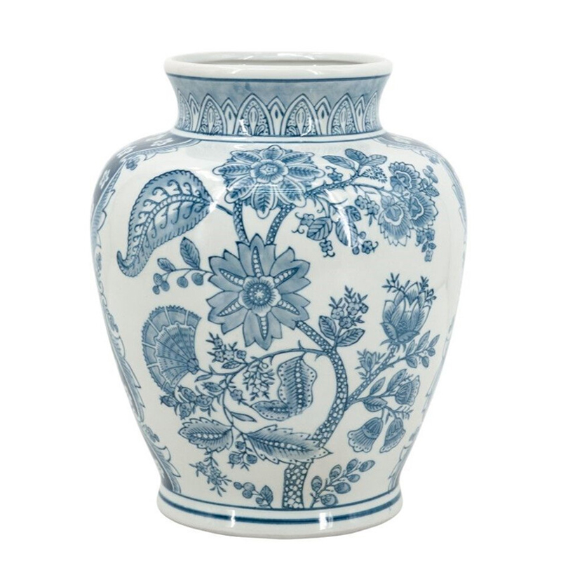 Ваза округлой формы белого цвета с синим растительным узором Blue & White Ornament Белый Синий Ваза округлой формы белого цвета с синим растительным узором Blue & White Ornament Белый Синий в Перми | Loft Concept