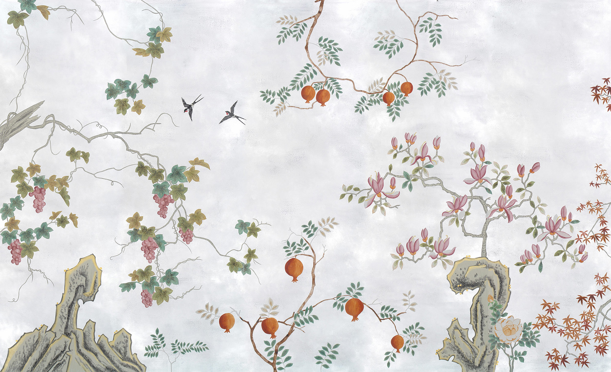 Обои ручная роспись Summer Night Blossom Original colourway on Ocean Silver gilded paper Обои ручная роспись Summer Night Blossom Original colourway on Ocean Silver gilded paper - постер Loft-Concept в Перми