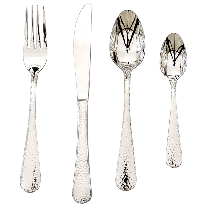 Столовые приборы на 1 персону с чеканным узором на ручке Contemporary Hammered Cutlery Set Серебряный в Перми | Loft Concept 