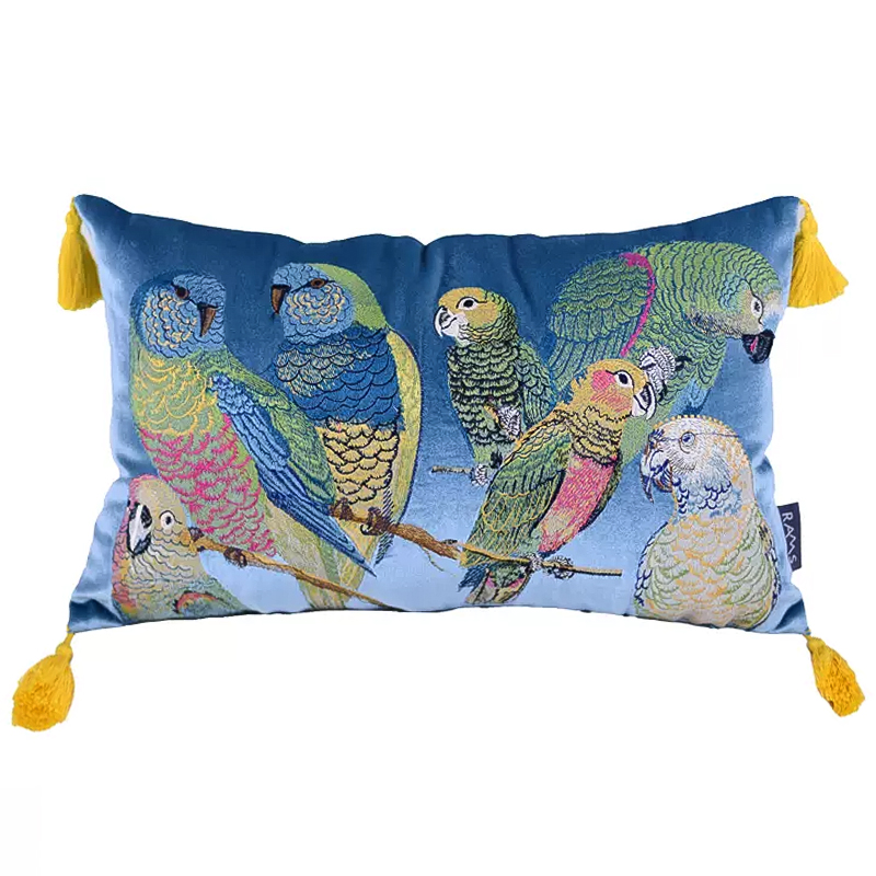 Декоративная подушка с вышивкой Embroidery Parrots Long Pillow Blue Голубой Мульти в Перми | Loft Concept 