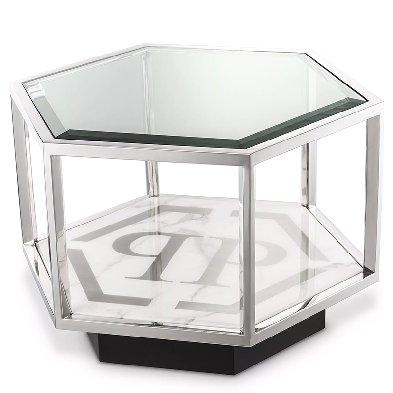 Приставной стол Philipp Plein Side Table Falcon View Chrome Хром Белый Мрамор Bianco Серый Черный Прозрачное Стекло в Перми | Loft Concept 