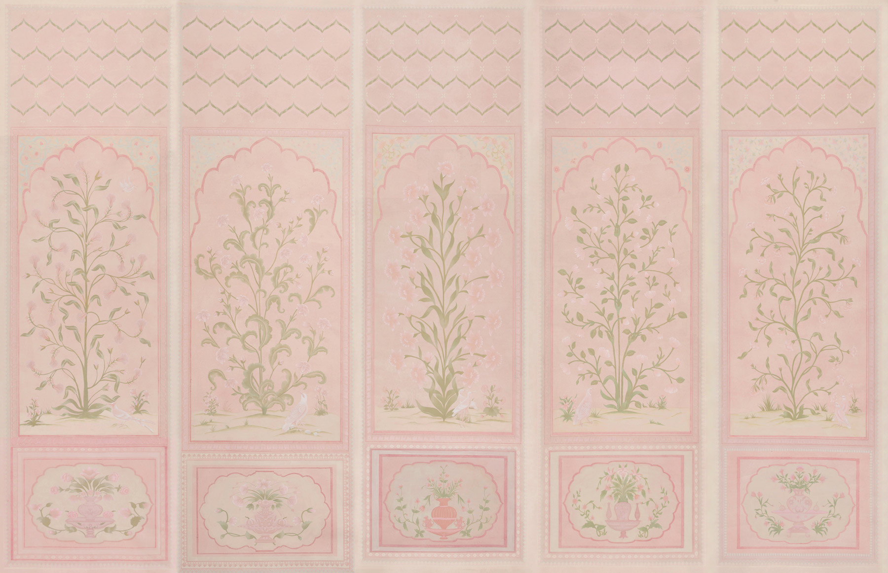 Обои ручная роспись Jharokha Arches Original colourway on pink painted Xuan paper Обои ручная роспись Jharokha Arches Original colourway on pink painted Xuan paper - постер Loft-Concept в Перми