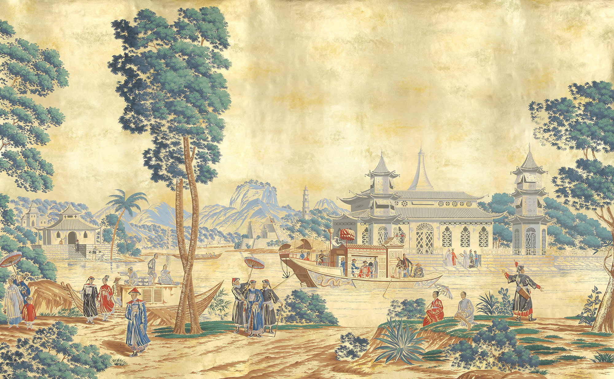 Обои ручная роспись Procession Chinoise Special Colourway on Warm Gold gilded paper Обои ручная роспись Procession Chinoise Special Colourway on Warm Gold gilded paper - постер Loft-Concept в Перми