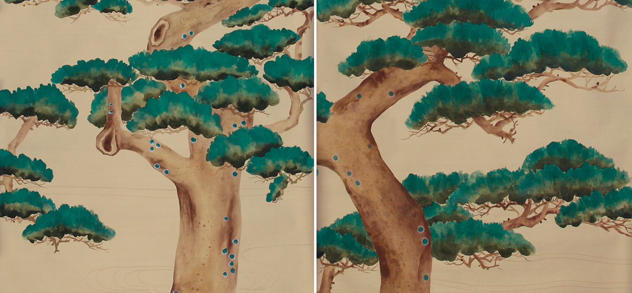 Обои ручная роспись Pine Trees Original colourway on New Faint Gold metallic silk - фото