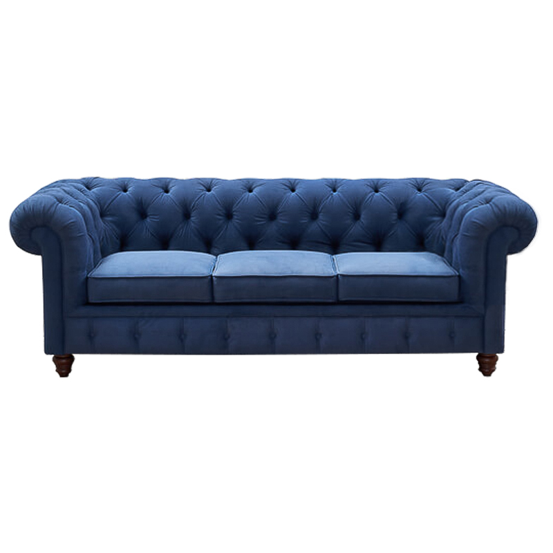 Диван Mini Kensington Sofa triple blue velor Сапфирово-синий Коричневый в Перми | Loft Concept 