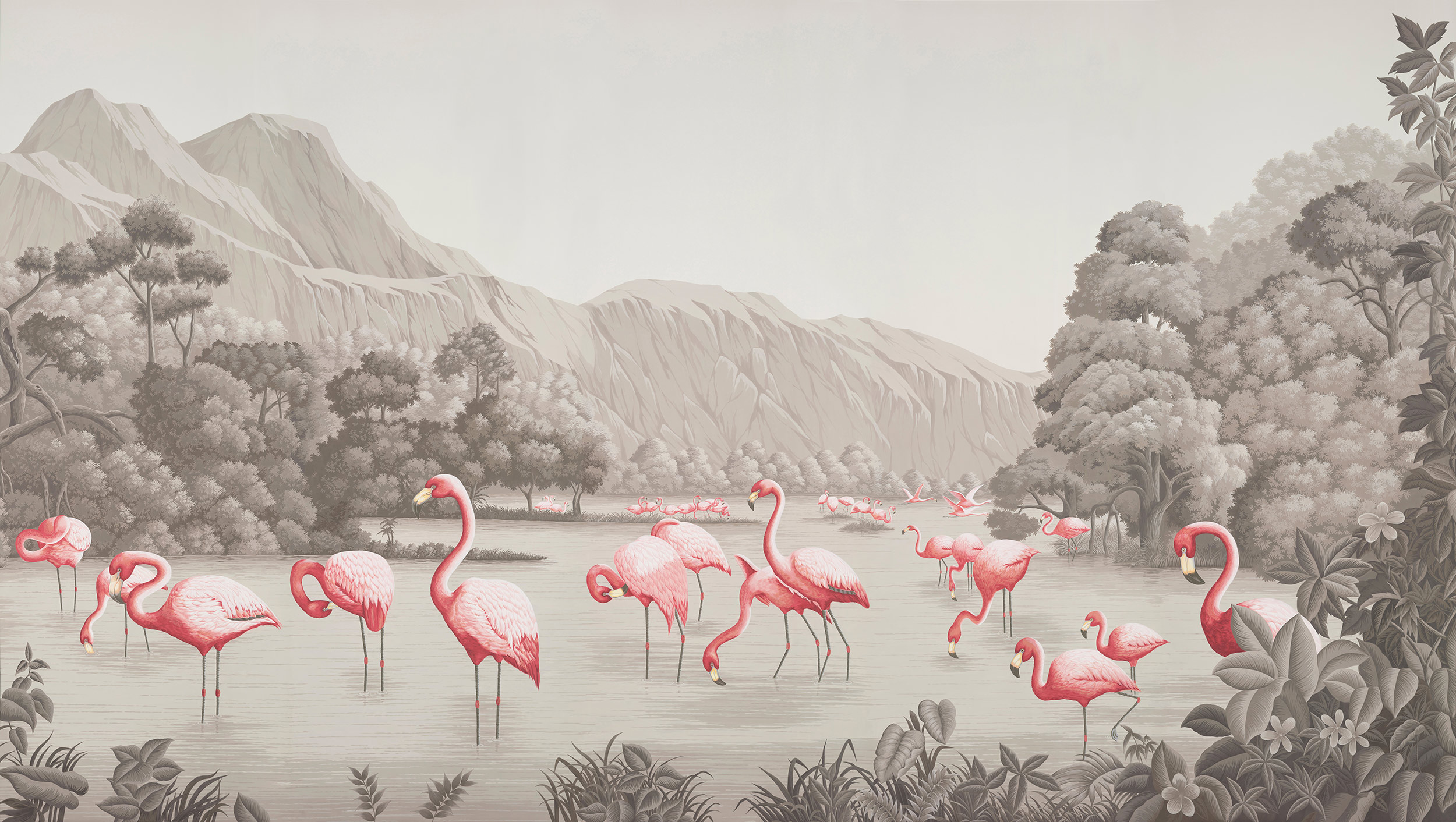 Обои ручная роспись Flamingos Flamingo on Eau Forte scenic paper Обои ручная роспись Flamingos Flamingo on Eau Forte scenic paper - постер Loft-Concept в Перми