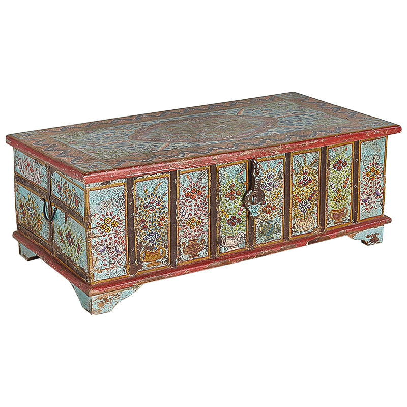 Сундук ручная роспись Pran Antique Indian Painted Chest Мульти Бирюзовый Красный в Перми | Loft Concept 