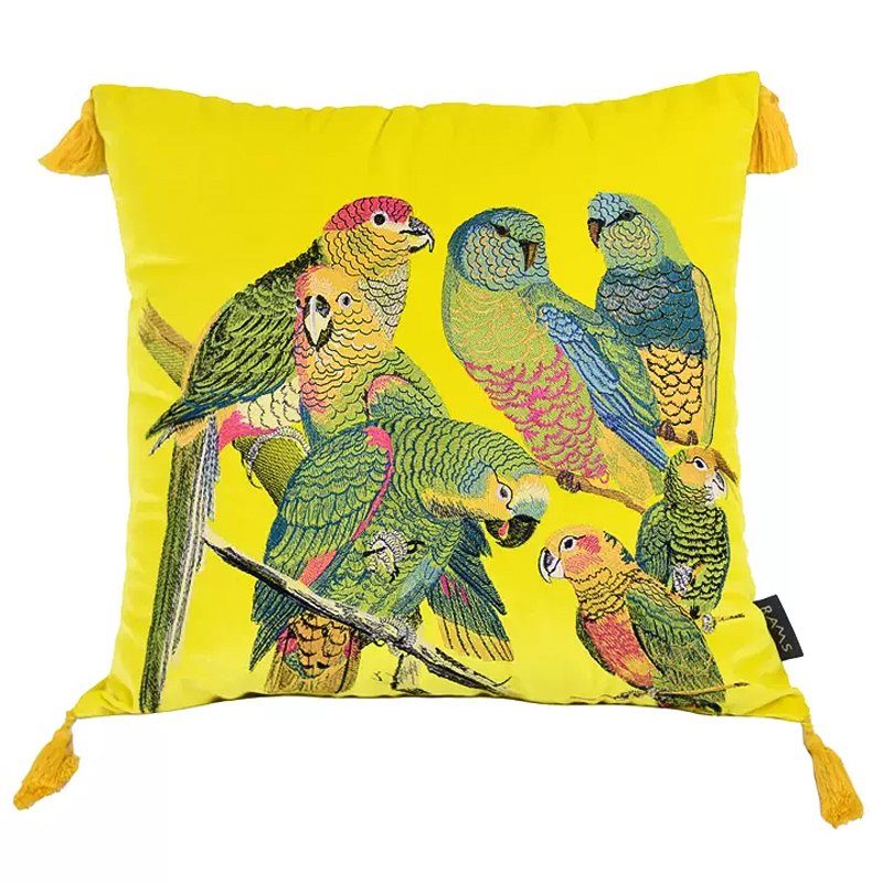 Декоративная подушка с вышивкой Embroidery Parrots Pillow Yellow Желтый Мульти в Перми | Loft Concept 