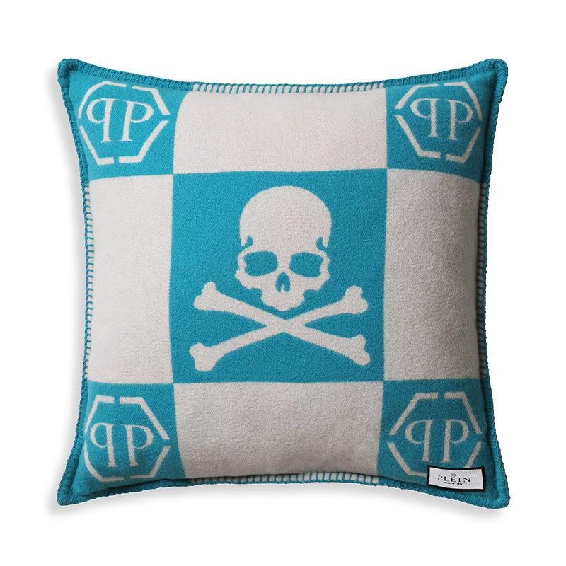 Подушка Philipp Plein Cushion Cashmere Skull 45 x 45 Голубой Белый в Перми | Loft Concept 