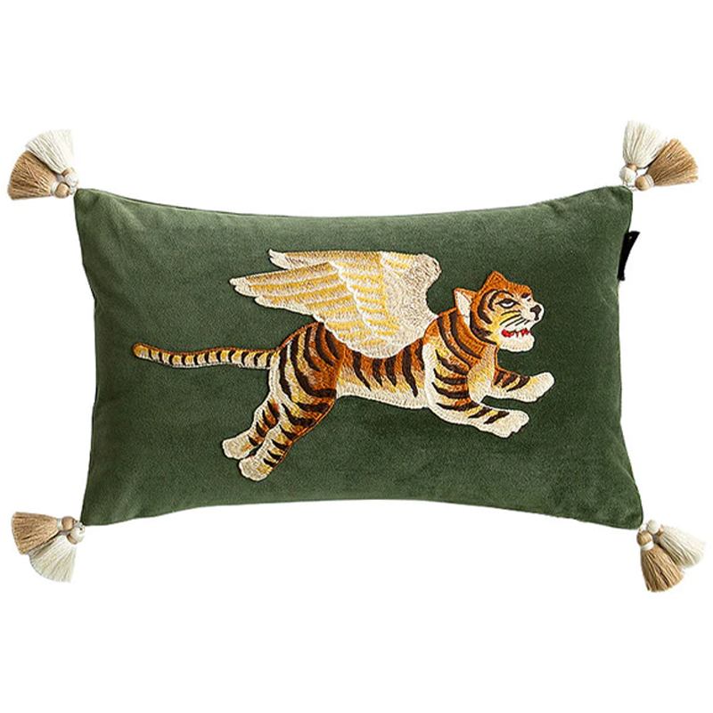 Декоративная подушка с вышивкой Стиль Gucci Winged Tiger Cushion Зеленый Оранжевый Золотой в Перми | Loft Concept 