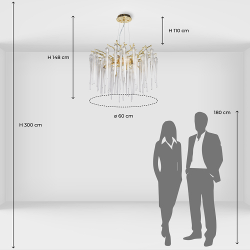 Люстра золотого цвета с декоративными ветками и длинными прозрачными стеклянными подвесами в форме сосулек Droplet Chandelier в Перми