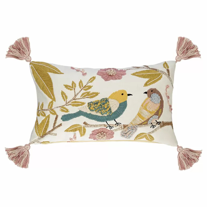 Чехол на подушку с кисточками и вышивкой птиц Ethnic mix Birds Rect Мульти в Перми | Loft Concept 