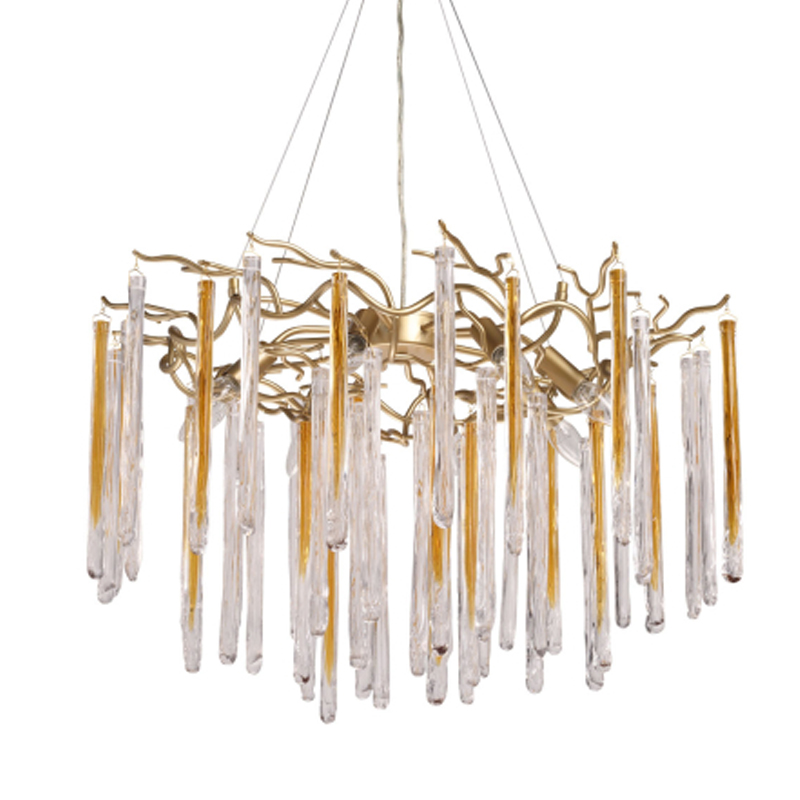 Люстра подвесная золотого цвета с разветвленными ветвями и прозрачными стеклянными подвесками Droplet Chandelier Золотой Прозрачный в Перми | Loft Concept 