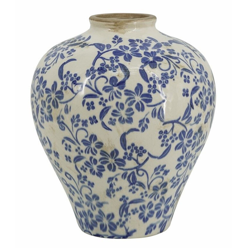 Ваза округлой формы с синим цветочным узором Blue & White Ornament Белый Синий Ваза округлой формы с синим цветочным узором Blue & White Ornament Белый Синий в Перми | Loft Concept
